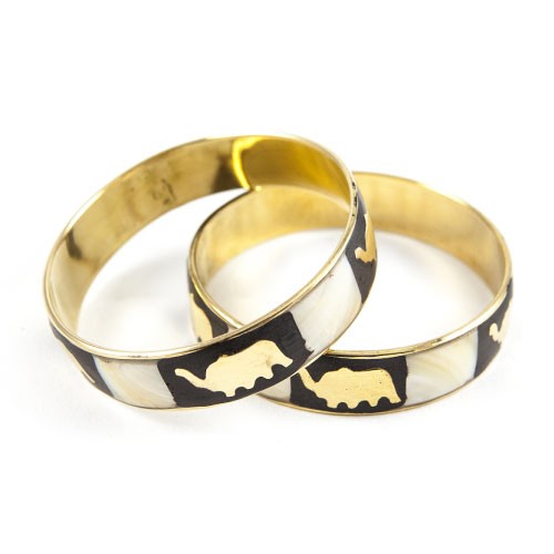 Elephant In Black & White Upper Coating Brass Bangle Pair